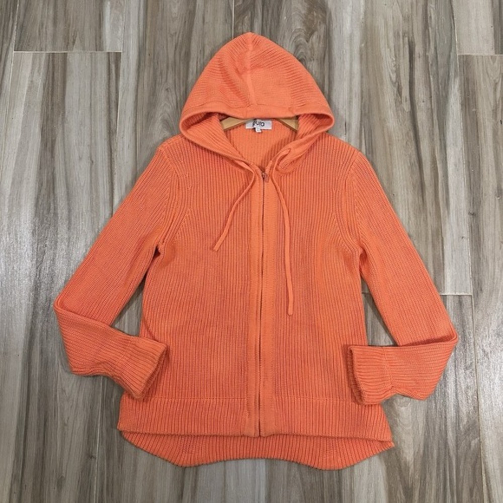 Pura Cashmere Brand Sweater Fisherman Hoodie L Orange Full Zip‎ Ribbed Cotton